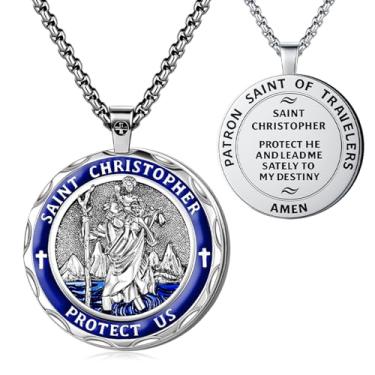 Imagem de OigvcoTe Pingente religioso de São Jude/São Cristóvão/São José/banhado a platina, colar de moedas grande, corrente de 19,69 + 5 cm, medalha de santo padroeiro católico, alto polimento., 19.69+2 Inches