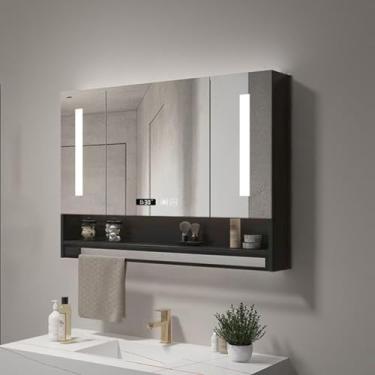 Imagem de Armário de remédios com espelho de banheiro de LED inteligente, armazenamento antiembaçamento de montagem na parede com visor de tempo, espelho de vaidade moderno com barra de toalha e prateleira