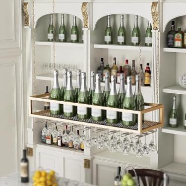 Imagem de Rack de teto para copos de vinho, rack de vinho suspenso com altura ajustável com suporte de vidro, suporte de garrafa de vinho de metal, suporte de armazenamento de exibição, para bar cozinha sala de