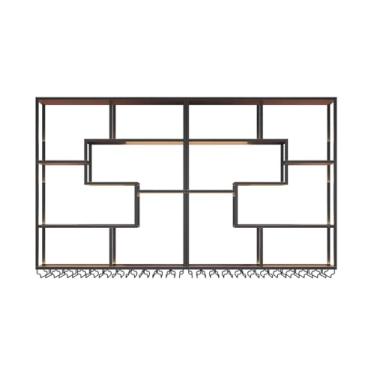 Imagem de Rack de vinho montado na parede com luz LED - Prateleiras de barra de ferro para garrafa de licor e suporte de vidro - Solução de armazenamento de bar elegante para cozinha e sala de jantar (preto