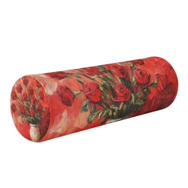 Imagem de Burbuja Almofada de rolo cilíndrica de vaso rosa para alívio da dor no pescoço, almofada de viagem cervical de espuma viscoelástica com capa lavável removível para cama, cabeça e pernas traseiras