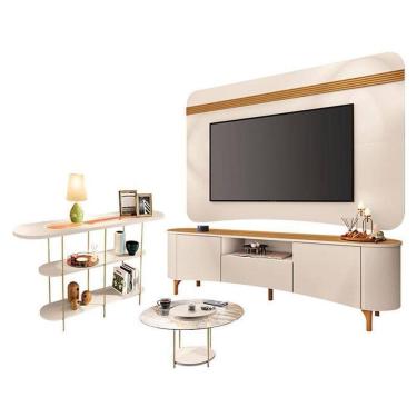 Imagem de Rack Bancada Elara E Painel Armony Com Mesa De Centro Sky Com Tampo De Vidro E Aparador Infinity Off White - Hb Móveis