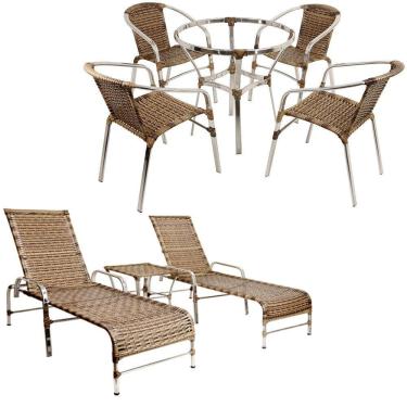 Imagem de Kit 4 Cadeiras E Mesa Alta, Espreguiçadeiras Em Alumínio E Ombrelone Para Piscina Trama