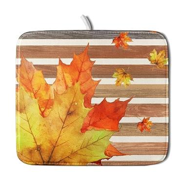 Imagem de Sweetshow Tapete de secagem de pratos de folha de bordo dourado outono para balcão de cozinha, tapete de secagem de listras marrons claras de madeira rural 40,6 x 45,7 cm de microfibra almofada de secagem de louças escorredor para café bar