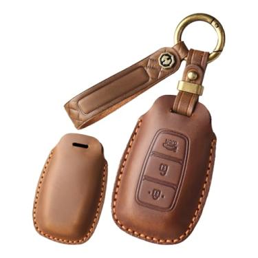 Imagem de HIBEYO Capa de chaveiro de couro genuíno personalizável de 3 botões compatível com Hyundai Palisade Elantra Kona Azera Santa Grandeur IG 2024 Acessórios Capa de chave personalizada - 3 botões marrom