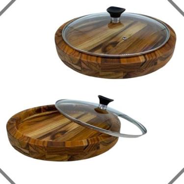 Imagem de Kit 2 Gamela De Madeira Churrasco Redonda Com Tampa De Vidro - Le Requ