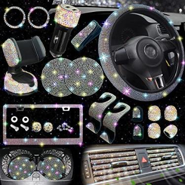 Imagem de NBTEPEM Conjunto de acessórios femininos multicoloridos, 27 peças, capas de volante, ajuste universal, 38 cm, moldura de placa de carro brilhante, suporte de telefone brilhante, porta-copos de carro