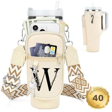Imagem de LOKASS Suporte inicial para garrafa de água com alça para copo Stanley de 1,134 g com alça, bolsa térmica para garrafa de água com bolso para telefone, floral e mosquetão para acessórios de copo