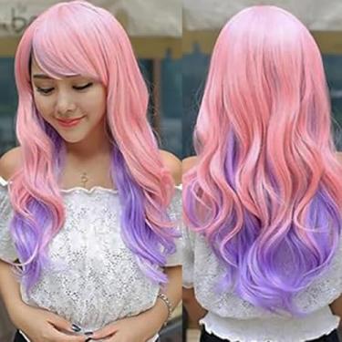 Imagem de IMISSU Peruca cosplay de cabelo natural cacheado longo com franjas coloridas perucas de festa de fantasia de Halloween (Rosa Roxo)