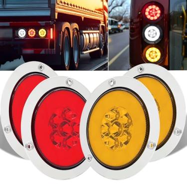 Imagem de Ourbest Luzes traseiras de LED redondas halo de 10 cm com ilhós cromado, lanterna traseira de corrida à prova d'água DC 12 V para caminhões de trailer (2 luzes amarelas + 2 freios vermelhos)