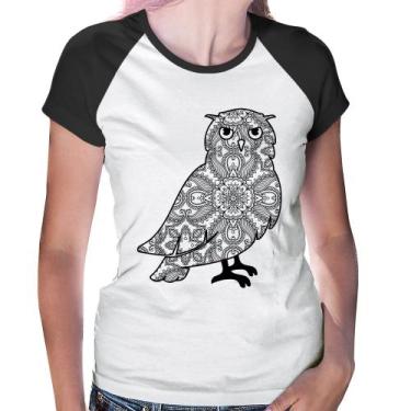 Imagem de Baby Look Raglan Coruja Mandala - Foca na Moda, Branco, Preto, M