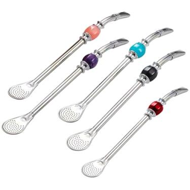 Imagem de Canudos de aço inoxidável com contas coloridas, cabeça de colher de filtro destacável, canudos de metal de grau alimentício 304 para café e chá (azul)