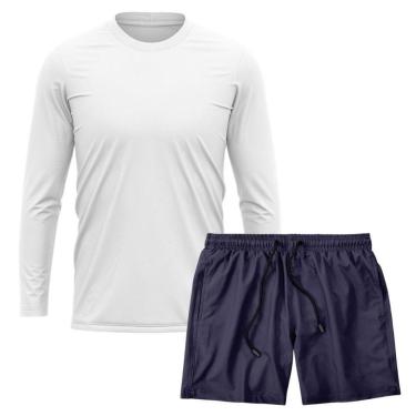 Imagem de Kit Camiseta Manga Longa Dry Branca + Short Tactel Academia Caminhada Gênero:Homem;Tamanho:G;Cor:-Masculino