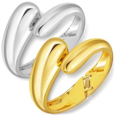 Imagem de 2 peças de pulseiras douradas banhadas em gota d'água para presente feminino, dobradiça torcida, irregular, minimalista, larga, grossa, dourada, aberta, oval, conjunto de joias, Large, Aço inoxidável