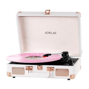 Imagem de Mala portátil de toca-discos de vinil de 3 velocidades com Bluetooth, bateria recarregável, conectores Aux/RCA/fone de ouvido, design retrô compacto para amantes de vinil