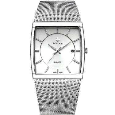 Imagem de Relógio De Quartzo Masculino Design Quadrado De Malha De Aço Inoxidavel Impermeável Prata