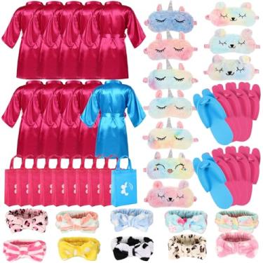 Imagem de Bonuci 50 Pcs Spa Party Supplies for Girls, 10 Satin Robe 10 Kids Slippers Sleepover Birthday Spa Party Favors (9 Rose Red, 1 Blue)