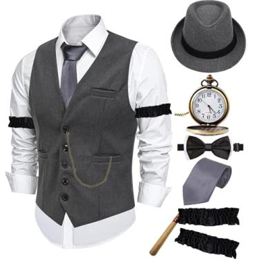 Imagem de ZeroShop Fantasia masculina de Halloween anos 20 Peaky Blinders Roaring 20s Gangster Mobster Outfit, Colete de chapéu cinza, GG