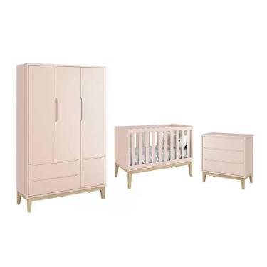 Imagem de Dormitório Classic 3 Portas E Cômoda 3 Gavetas Rosa Com Pés Madeira Natural - Reller Móveis Rosa