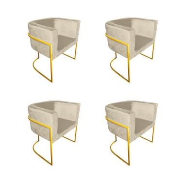 Imagem de Kit 4 Poltronas Decorativa Sala De Estar Base De Ferro Dourada Veludo Bege