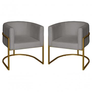 Imagem de Kit 2 Poltronas Decorativa Luxo Base De Metal Dourada Escritório Recepção Sala Suede Prata Eli Móveis E Decoração