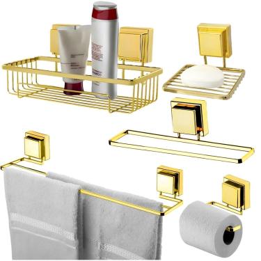 Imagem de Kit Banheiro Suporte Porta Shampoo Papel Higiênico Saboneteira Toalheiros Ventosa Dourado - Future
