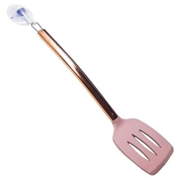 Imagem de Espátula Vazada Em Silicone Com Cabo Inox Rose Gold 35cm Acompanha Ventosa com Gancho para Pendurar (Rosa)