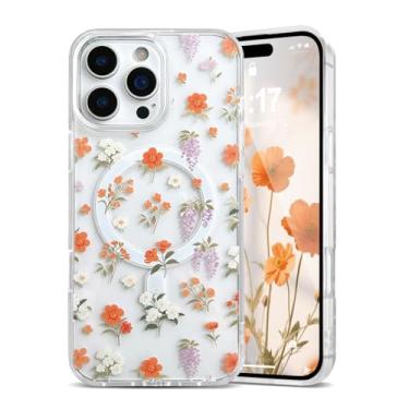 Imagem de EYZUTAK Capa magnética para iPhone 15 Pro com flores compatível com MagSafe, bonita floral elegante estética capa protetora fina transparente antiamarelamento para meninas e mulheres - laranja