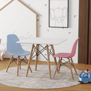 Imagem de Conjunto De Mesa Madeira Infantil 68Cm Quadrado Branco 1 Cadeira Azul 