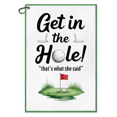Imagem de DYJYBMY Get in The Hole Toalha de golfe impressa com clipe, acessórios de golfe engraçados toalha para homens e mulheres, presentes de aniversário de Natal para golfistas, presentes de aposentadoria