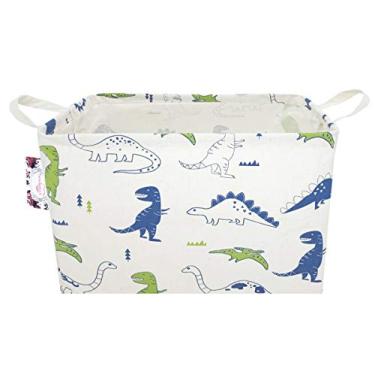Imagem de TIBAOLOVER Cesto quadrado de linho natural e tecido de algodão com alças para organizar brinquedos infantis/organização de sala de jogos, cesto de brinquedo/armário/cestas de prateleira/cesto de bebê (dinossauros policromos)