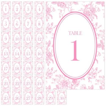 Imagem de FYSUIMU Números de mesa florais rosa 1-30 cartões de lugar flor chinoiserie 10 x 15 centímetros etiquetas com números de mesa para festa de aniversário de casamento