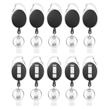 Imagem de 10 porta-crachá retrátil, com mosquetão de aço inoxidável e chaveiro para porta-chaves de cartão de identificação (preto)