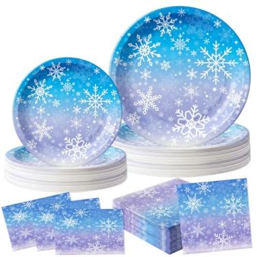 Imagem de Conjunto de pratos e guardanapos de floco de neve de papel Frozen para festa de aniversário, 150 peças, descartável, azul, roxo, Natal, floco de neve, conjunto de utensílios de mesa para festa de