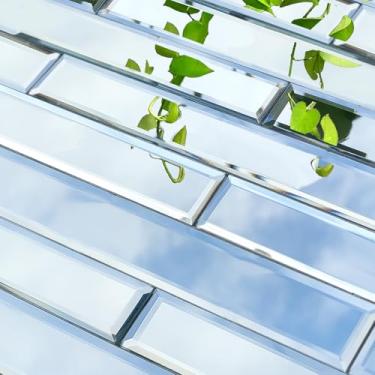 Imagem de XIHACTY 12 peças de azulejo de vidro chanfrado para descascar e colar. Azulejos retrovisores de 30 x 3 cm. Linda faixa de espelho para cozinha, parede de banheiro. 12 peças