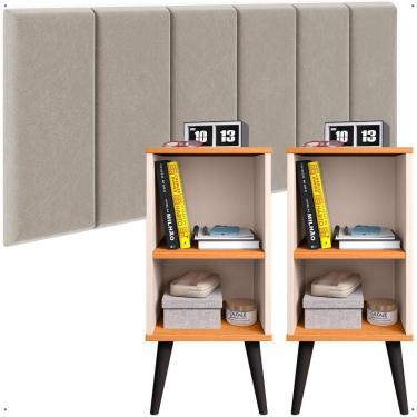 Imagem de Kit Quarto 2 Mesinhas Charme Off White/Cinamomo Nicho Prateleira Cabeceira Suspensa Julia Bege Suede 1,40 Cama Casal Box - Lojas RPM