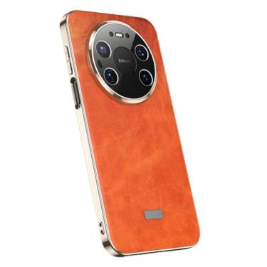 Imagem de FWYANZH Capa de couro para Huawei Mate 80 Pro Max/80 Pro/80, capa de borda dourada galvanizada retrô com padrão de cera de óleo para câmera à prova de choque, laranja, 80