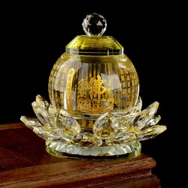 Imagem de FENNYYAR Copo de água benta de cristal Buda Front Heart Sutra, 12,5 cm 12,4 cm, oferecendo ornamento de lótus para copo d'água de Buda