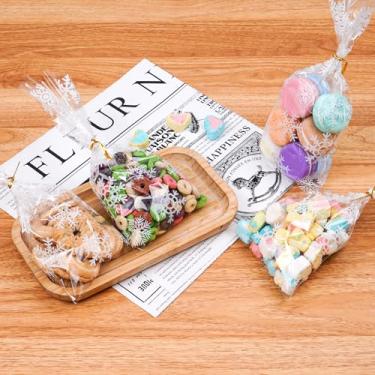 Imagem de 100 unidades de sacos de celofane com vedação de floco de neve, sacos de biscoito de 12 x 28 cm com laços torcidos, sacos de papel de celofane para presente