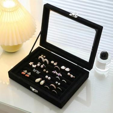 Imagem de Bandeja organizadora de anéis com 7 compartimentos, caixa de armazenamento de brincos de veludo com tampa transparente, estojo de exibição de joias para meninas, esposa, mãe, mulher, preto
