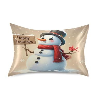 Imagem de Qilmy Capas de almofada de cetim lenço vermelho boneco de neve, fronha de seda respirável macia com fecho de envelope para sofá-cama e sofá, tamanho king 101 x 50 cm