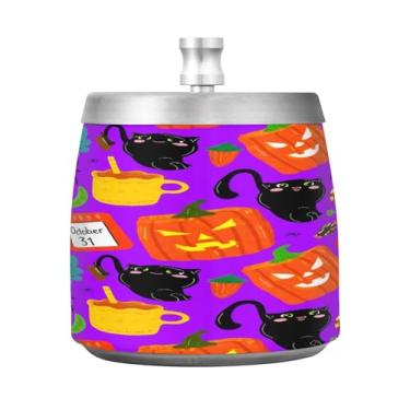 Imagem de Qilmy Black Cats Cinzeiro de aço inoxidável com tampa - Cinzeiro de cigarro à prova de vento sem cheiro sem fumaça para casa, escritório, carro, pátio, varanda (uso interno e externo)