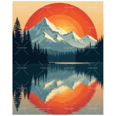 Imagem de Kit de pintura de paisagem por números para adultos - DIY Sunset Mountain Reflection on Lake Painting on Canvas 40 x 50 cm, conjunto de tinta acrílica para iniciantes, arte de parede natural para