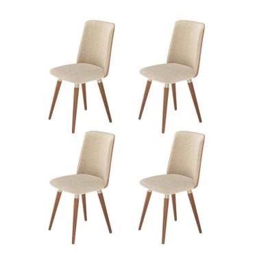 Imagem de Kit de 4 Cadeiras de Madeira Maciça Estofada Dakota - Natural c/ Bouclé e PU Caramelo - Champanhe