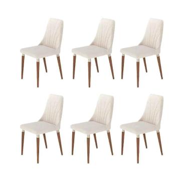 Imagem de Kit de 6 Cadeiras de Madeira Maciça Estofada Lara - Natural c/ Linho Off White - Champanhe