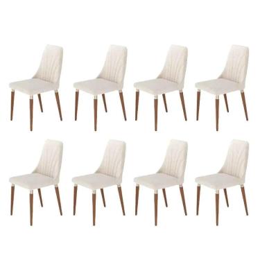 Imagem de Kit de 8 Cadeiras de Madeira Maciça Estofada Lara - Natural c/ Linho Off White - Champanhe