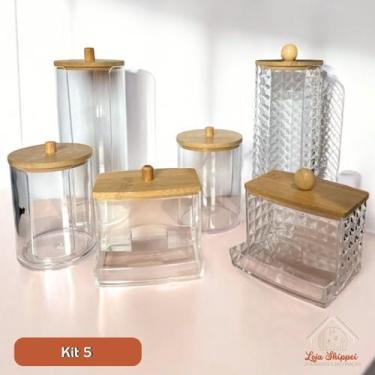 Imagem de Kit Porta Algodão e Cotonetes com Tampa de Bambu Acrílico  Vários Mode