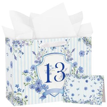 Imagem de WRAPAHOLIC Saco grande de presente de aniversário de 13 cm com cartão e papel de seda - Sacos de papel com emblema floral listrado azul para festa de décimo terceiro aniversário e lembrança