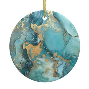 Imagem de Pingente redondo de cerâmica de Natal com estampa de mármore azul turquesa, pingentes de porcelana, decoração criativa de Natal