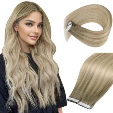 Imagem de Ve Sunny Extensões de cabelo humano com fita adesiva em extensões de cabelo humano Ash Balayage Platinum Loiro Fita em extensões de cabelo humano 35,5 cm Invisível 20 peças 50G